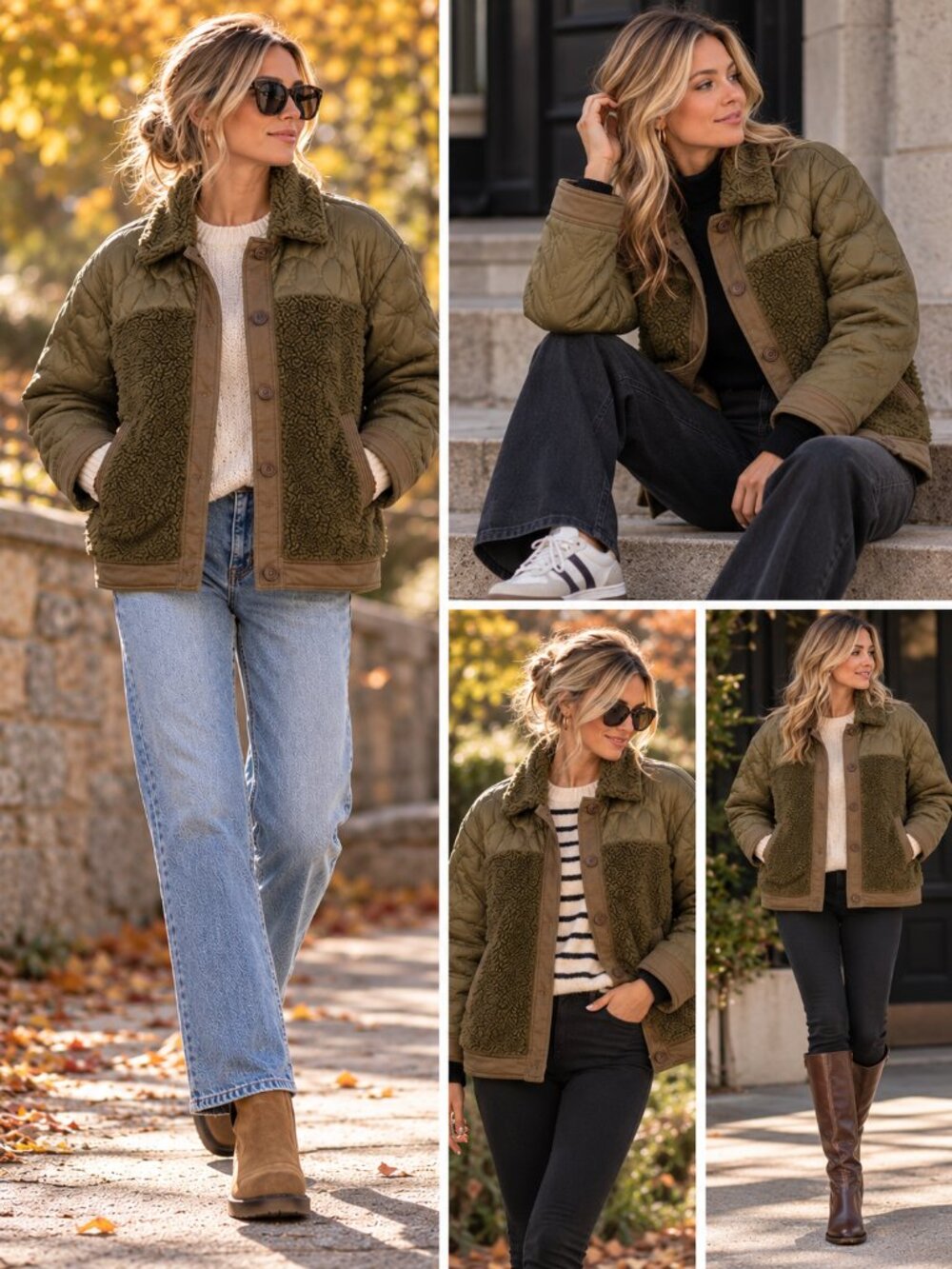 Madewell Hybrid Sherpa Quilted PrimaLoft Jacket Olive Green | Size Medium